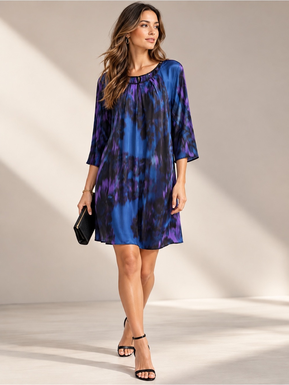 Elie Tahari Silk Shift Dress Small Blue Purple Abstract Print 3/4 Sleeve